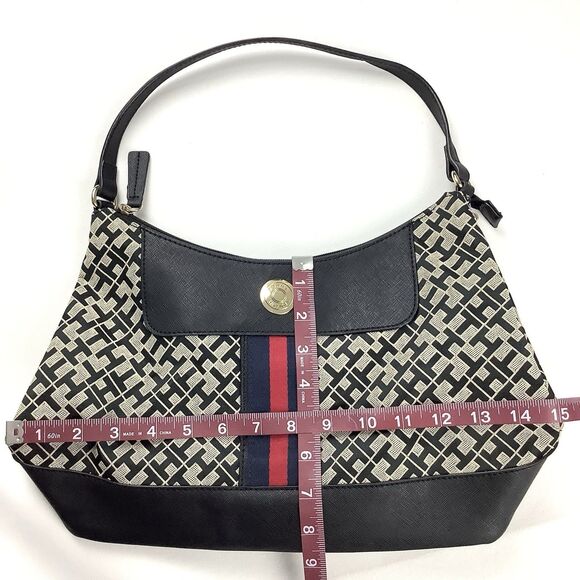 Tommy Hilfiger Monogram Canvas Shoulder Bag Hobo Handbag Purse Black Tan Logo - Picture 8 of 12
